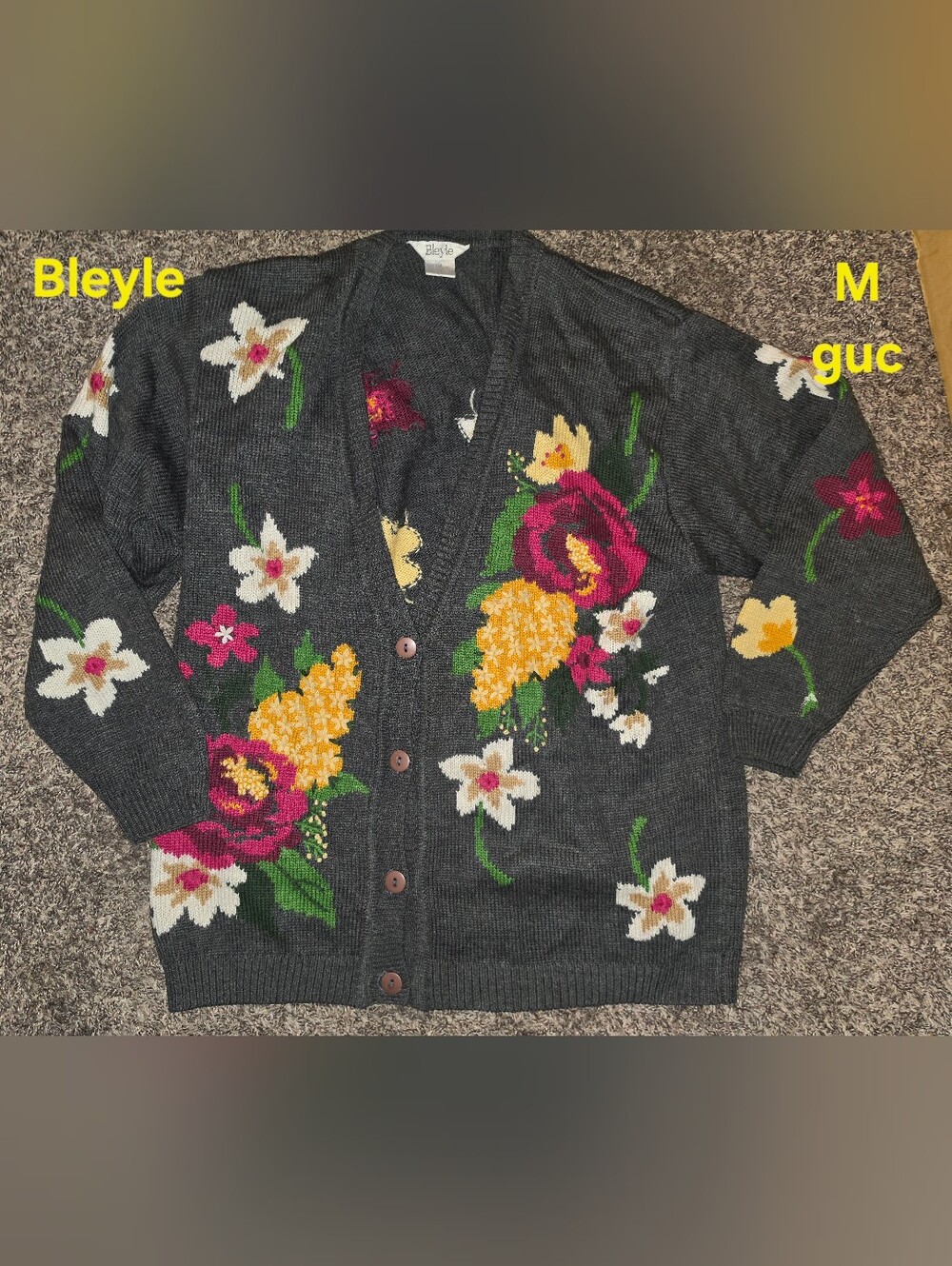 Vintage Bleyle Dark Charcoal Floral Button-Front Cardigan Size Medium